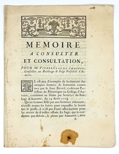 YONNE. AUXERRE. PROCÈS. « Mémoire à consulter...