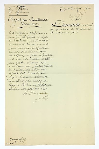 « CORPS des CARABINIERS de MONSIEUR. » Pièce...