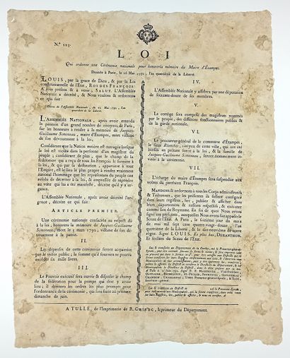 ESSONNE. 1792. « Loi qui ordonne une CÉRÉMONIE...