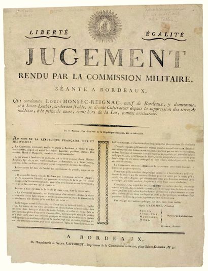 AN 2. GIRONDE. PEINE DE MORT D’UN ARISTOCRATE....