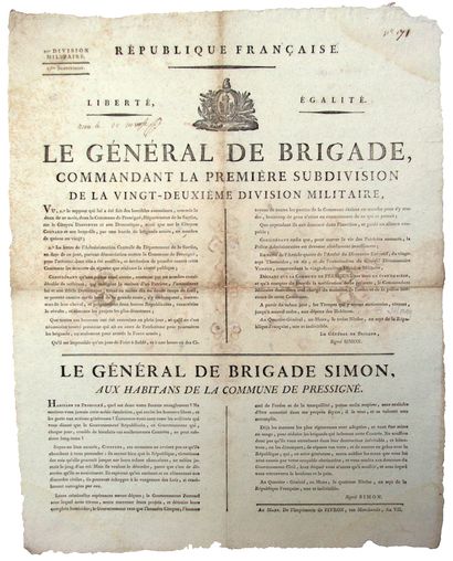 SARTHE. 1799. Le Général de Brigade SIMON,...