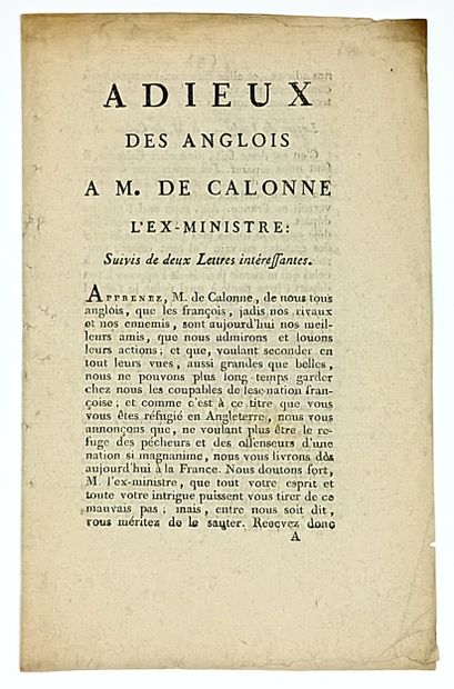 PAMPHLET RÉVOLUTIONNAIRE - “ADIEUX DES ANGLOIS...