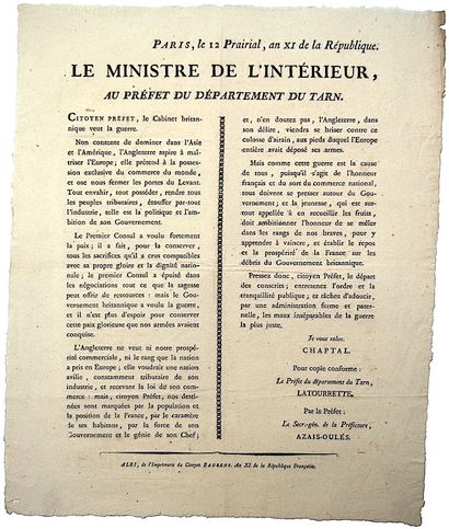 TARN. 1803. BONAPARTE Premier Consul : «...
