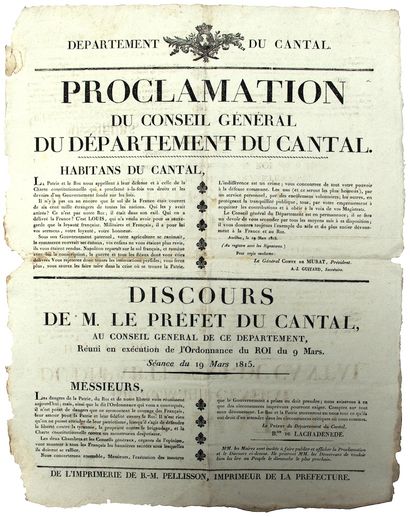 CANTAL. CENT JOURS. Retour de Napoléon 1815....