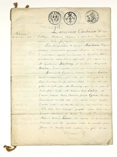 CAMBRAI (Nord) - Contrat de Mariage enregistré...