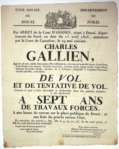 NORD. 1826. TRAVAUX FORCÉS et CARCAN à DOUAI....