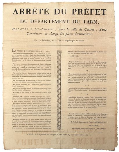 TARN. 1803. MONNAIE. Arrêté du Préfet du...
