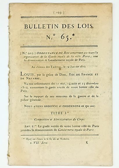 GENDARMERIE ROYALE DE PARIS - “Ordonnance...