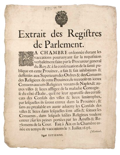PESTE EN PROVENCE. 1656. «Extrait des Registres...