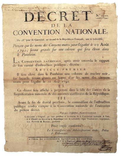 PARIS. 1794. PANTHÉON. « Décret de la Convention...