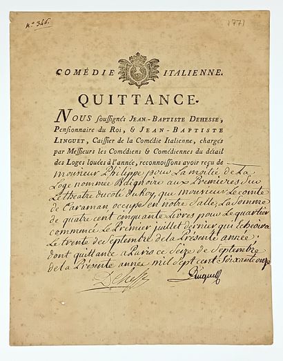 DANSE, THÉÂTRE LOUIS XV. 1771. Quittance...