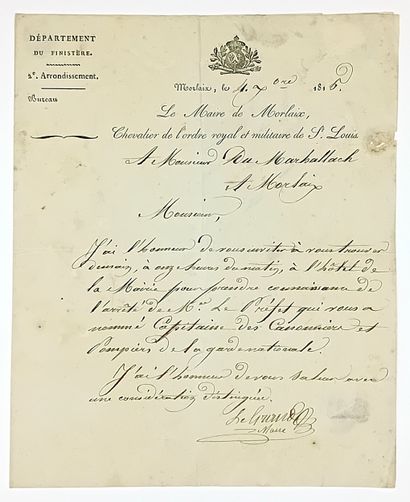 FINISTÈRE - Lettre signée LE GRAND Maire...