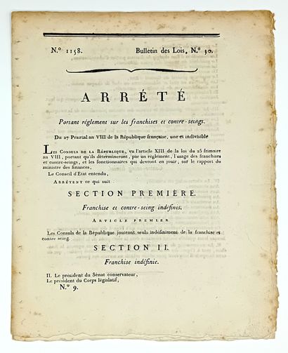 POSTES. FRANCHISE et CONTRESEING. Arrêté...