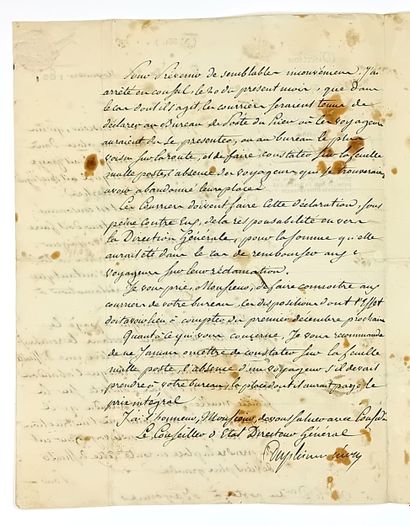 MALLE-POSTE. Lettre signée DUPLEIX DE MÉZY...