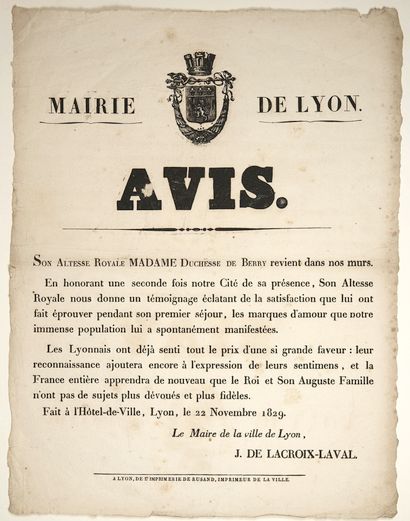 DUCHESSE DE BERRY. LYON 1829 – Avis du Maire...