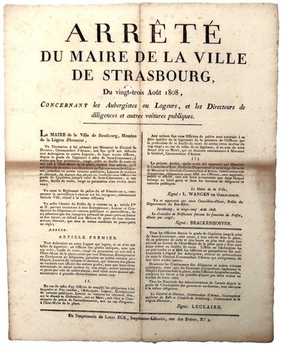 BAS-RHIN. 1808. Arrêté de la Ville de STRASBOURG,...