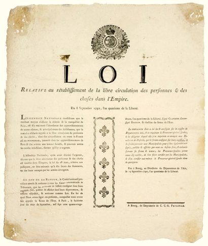 DANTON. 1792. AIN. « LOI relative au rétablissement...