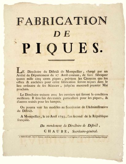 HÉRAULT. 1793. « FABRICATION DES PIQUES....