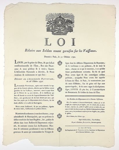 MARINE 1790. CHARENTE MARITIME. « LOI relative...
