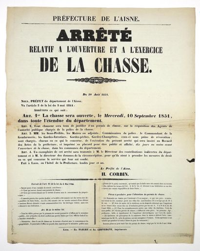 AISNE. 1851. CHASSE. « Arrêté relatif à l’ouverture...