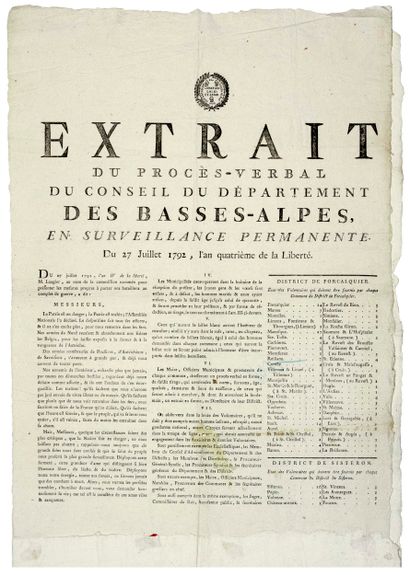 ALPES DE HAUTE PROVENCE. 1792. “Extrait du...