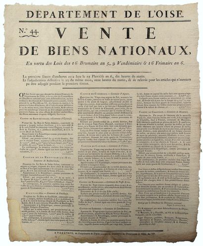 OISE. 1798. VENTE DE BIENS NATIONAUX du 19...