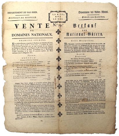 1792. BAS-RHIN. District de BENFELD. Vente...