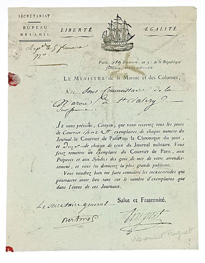 MARINE. Lettre en Franchise du Ministre de...