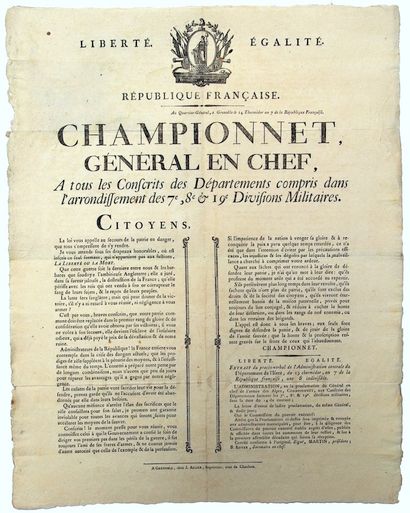 ISÈRE. 1799. « CHAMPIONNET Général en Chef,...