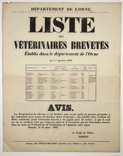 ORNE. “LISTE des VÉTÉRINAIRES Brevetés établis...