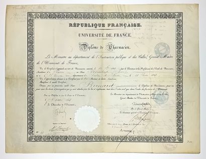 PHARMACIE. 1848. Diplôme de PHARMACIEN, délivré...