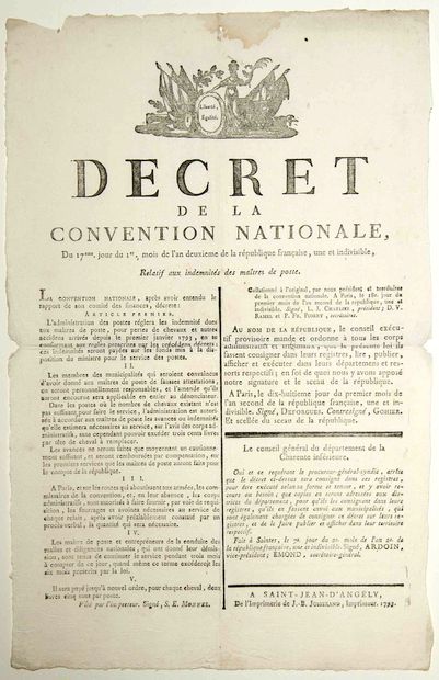 POSTE AUX CHEVAUX. 1793. « Décret de la Convention...