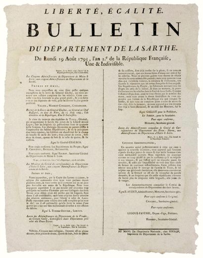 GUERRE DE VENDÉE. 1793. SARTHE – Bulletin...