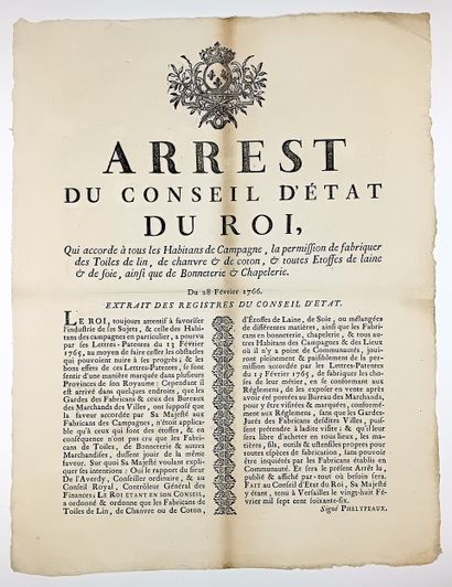 TOILE ET ÉTOFFE. LOUIS XV – « Arrest du Conseil...