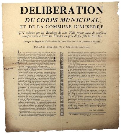 1792. YONNE. BOUCHERIE. “Délibération du...