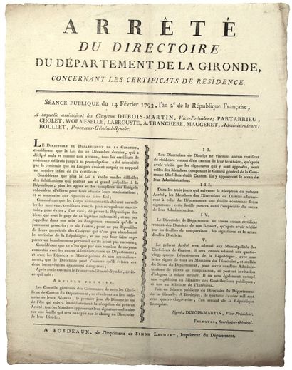 GIRONDE. 1793. ÉMIGRATION. Arrêté du directoire...