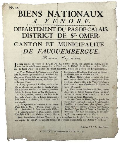 PAS-DE-CALAIS. 1791. BIENS NATIONAUX à vendre....