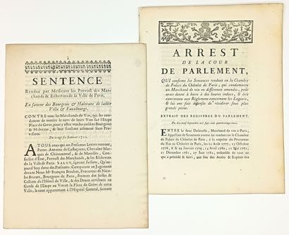 LES VINS À PARIS. 2 Imprimés - « Sentence...