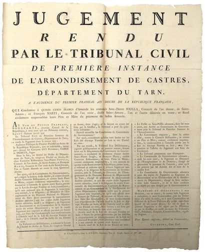 TARN. 1804. CASTRES. Jugement rendu par le...