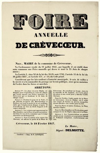 NORD. 1847. « FOIRE ANNUELLE DE CRÈVECOEUR....