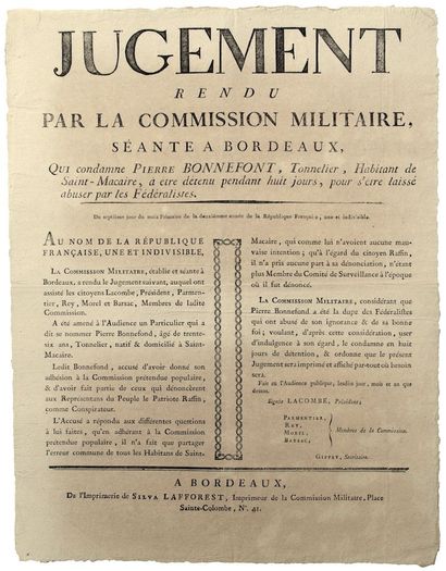 GIRONDE. 1793. « Jugement rendu par la Commission...