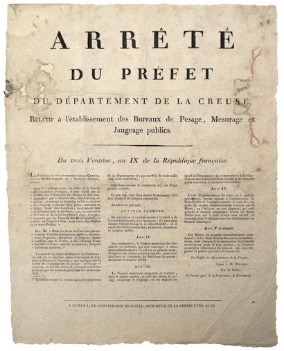 CREUSE. POIDS et MESURES. Arrêté du Préfet...