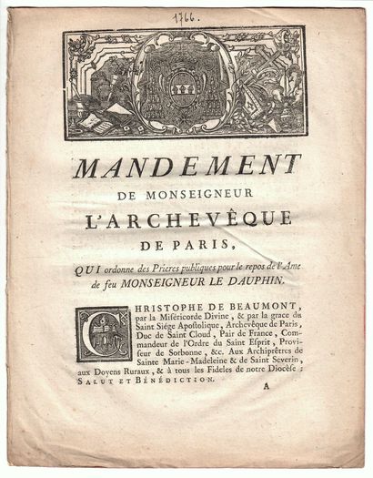 PARIS. MORT DU DAUPHIN, 1766. « Mandement...