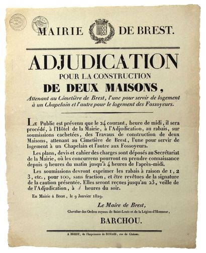 BREST (Mairie de). 1829. “Adjudication pour...
