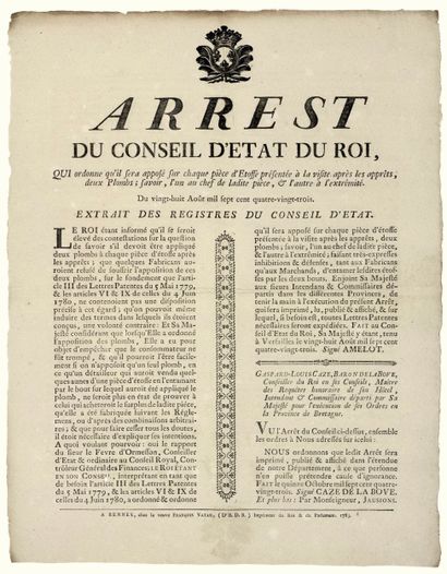 BRETAGNE. 1783. PLOMBS des ÉTOFFES. “Arrest...