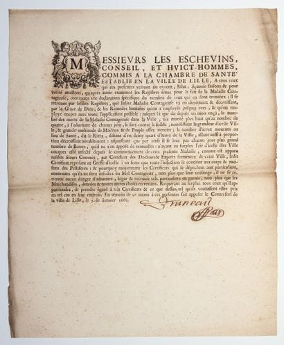 PESTE DE LILLE de 1668. Placard (35,5 x 29)...