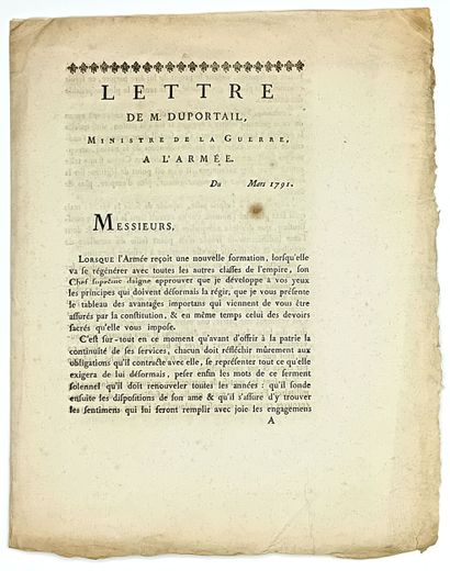 « LETTRE de M. DUPORTAIL Ministre de la Guerre,...