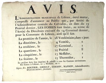 CALVADOS. 1798. LISIEUX. FOIRES. AVIS de...