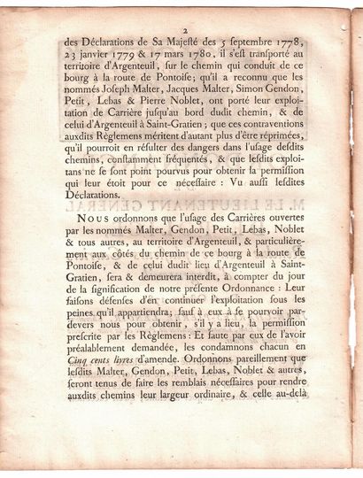 VAL D’OISE. CARRIÈRES D’ARGENTEUIL. « Ordonnance...