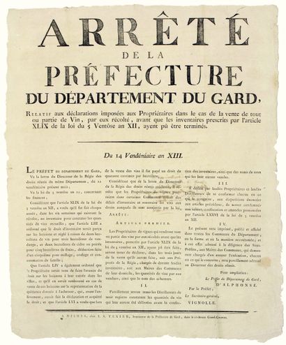 GARD. 1804. VIN. “Arrêté de la Préfecture...